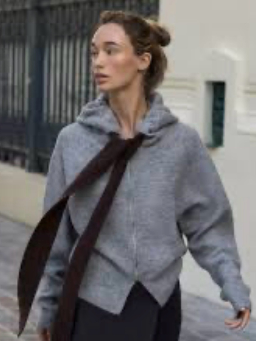 Zara Gray Hooded Knit Cardigan with Dark Contrast Tie
